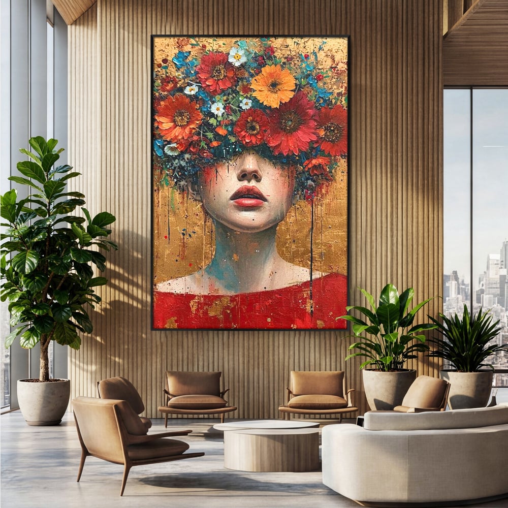 Tablou canvas cu tablou canvas cu portret de femeie si flori, in rama de aluminiu negru, pe perete intr-un birou